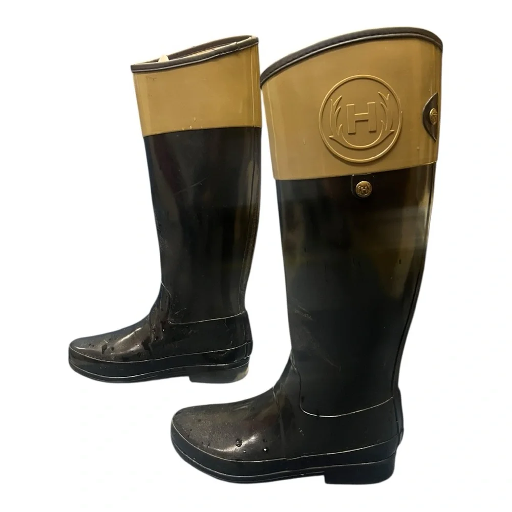 Hunter Regent Carlyle Black Tan Two Tone Tall Rain Boots Womens 8‎ W24144